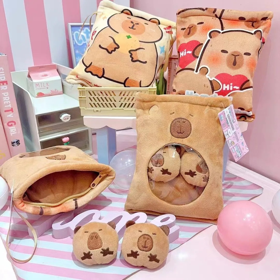 Kawaii Capybara Snack Bag Plush Toy – Soft Plush Bag with 4 Capybara Cubs Inside