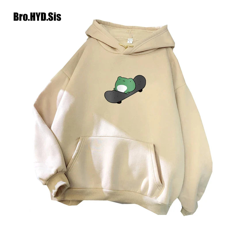 Cute Skateboard Frog Print Hoodies Cartoon Fleece Hooded Pullover Sweatshirts