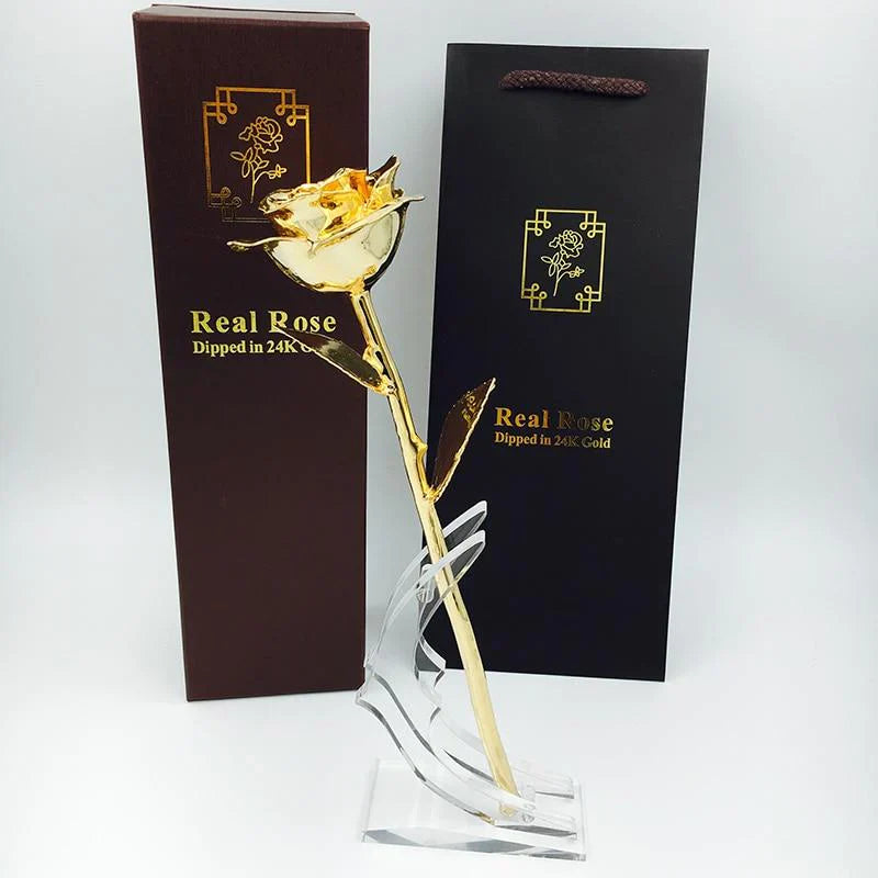 24K gold-dipped real rose on clear acrylic stand; elegant gift boxed.