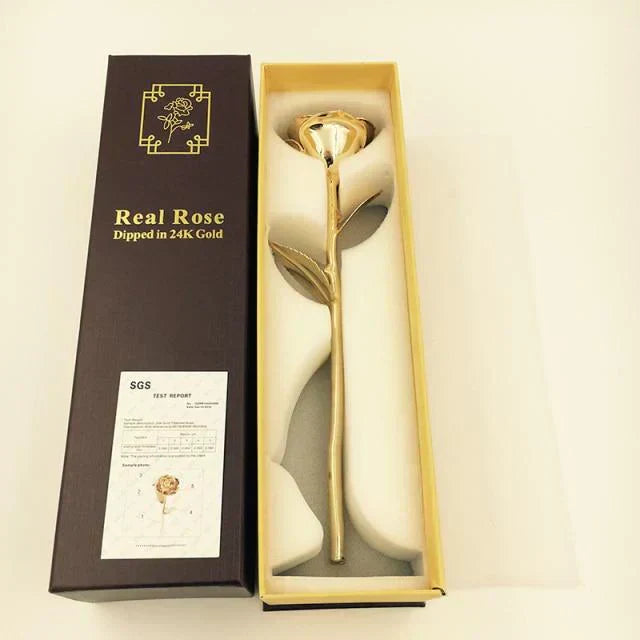 24K gold-dipped real rose in gift box with stand.  Elegant keepsake for anniversaries, weddings, or birthdays.