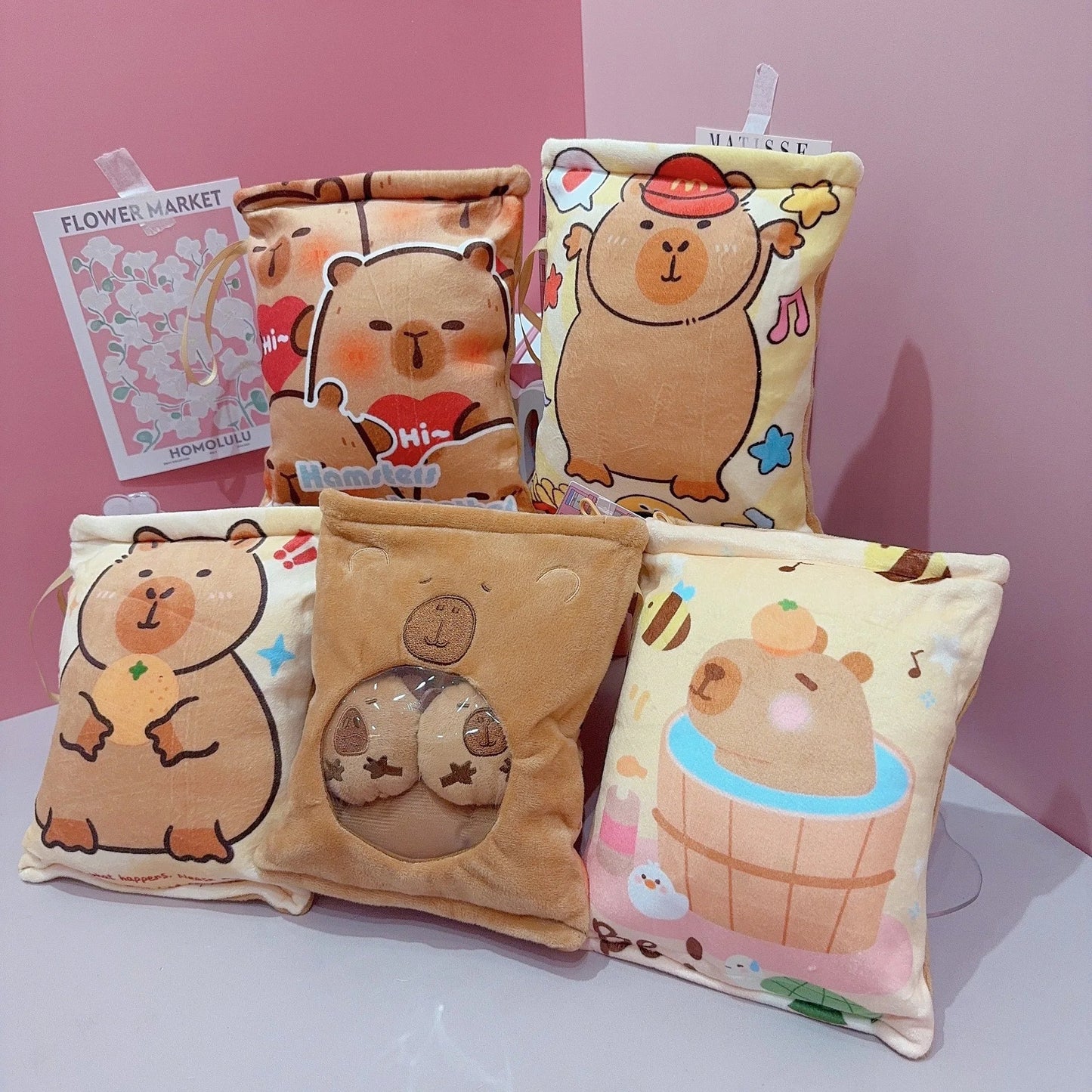 Kawaii Capybara Snack Bag Plush Toy – Soft Plush Bag with 4 Capybara Cubs Inside