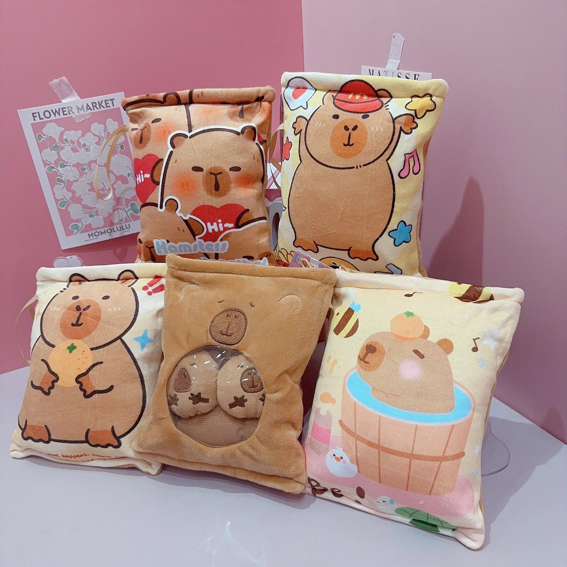 Kawaii Capybara Snack Bag Plush Toy – Soft Plush Bag with 4 Capybara Cubs Inside