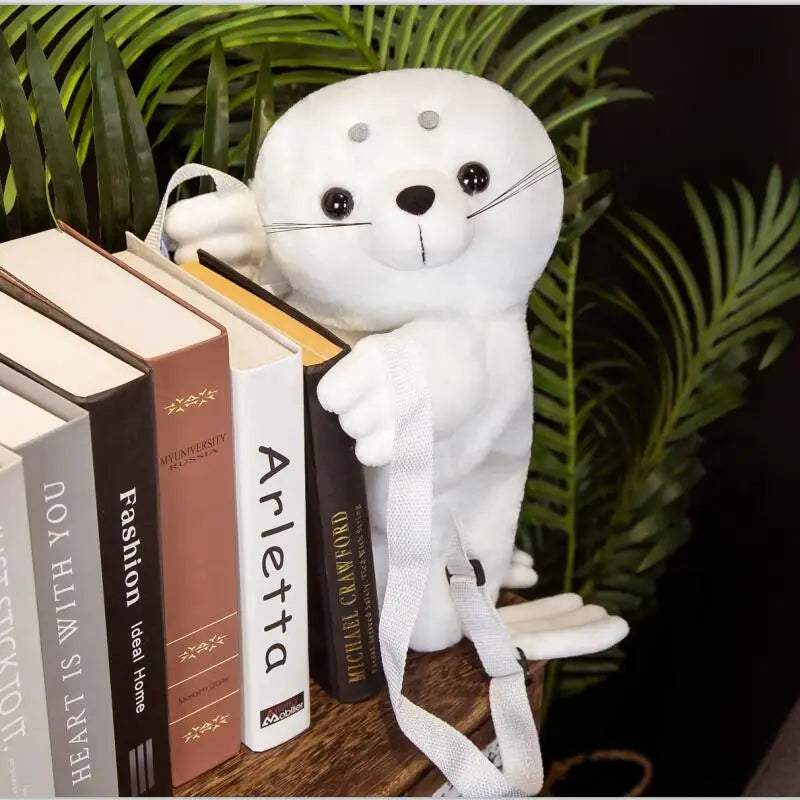 White Seal Plush Backpack – Cute Sea Lion Pillow Toy for Kids