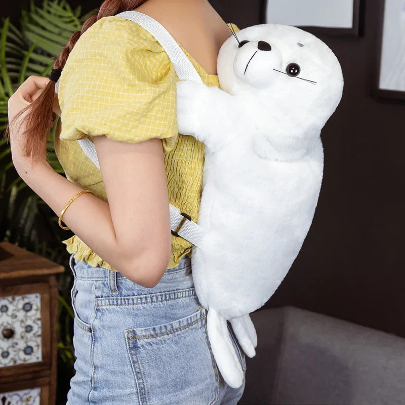 White Seal Plush Backpack – Cute Sea Lion Pillow Toy for Kids