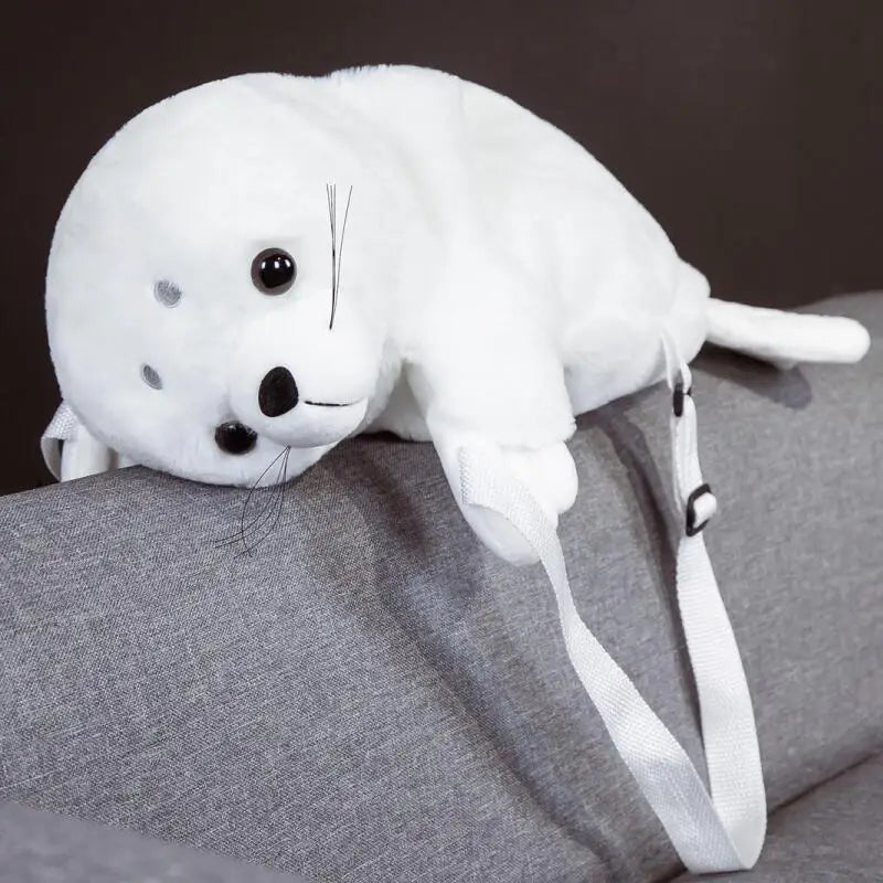 White Seal Plush Backpack – Cute Sea Lion Pillow Toy for Kids