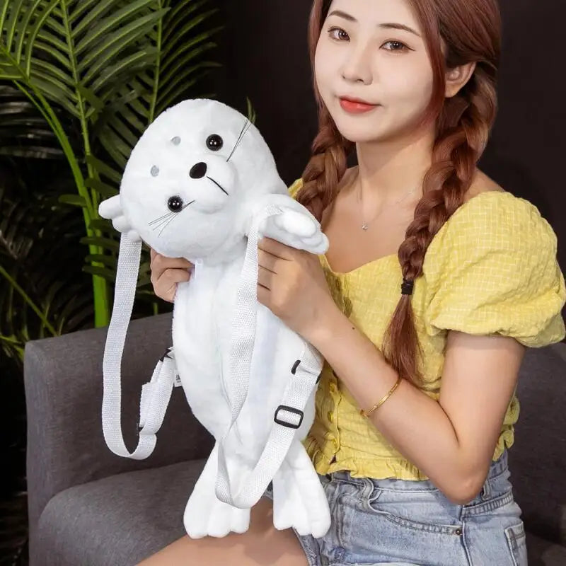 White Seal Plush Backpack – Cute Sea Lion Pillow Toy for Kids