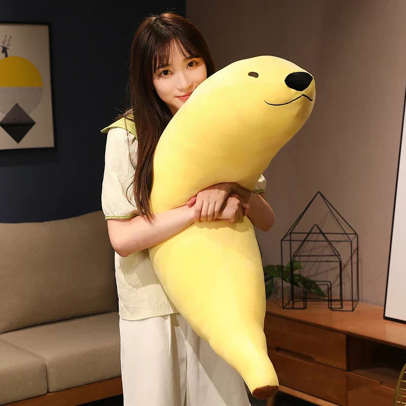 Cute yellow banana seal plush toy, made of soft PP cotton.  Perfect for cuddling. Hypoallergenic & ethically sourced.