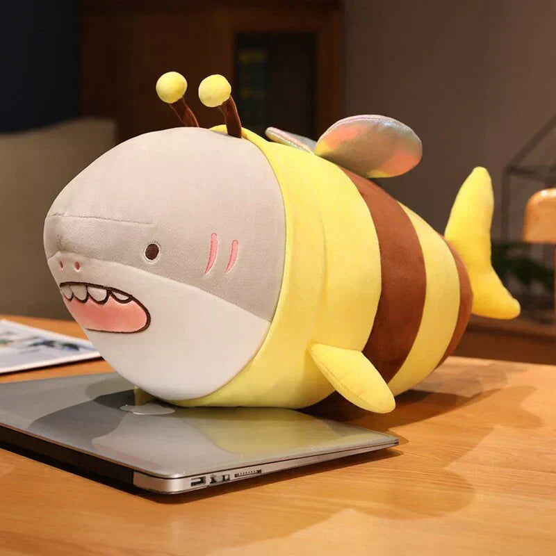 Adorable plush bee shark toy; soft, cuddly, with glittery wings and PP cotton filling. Available in multiple sizes.