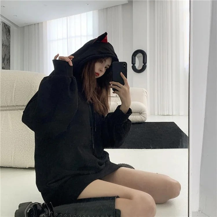 Black kawaii gothic cat ear drawstring hoodie sweatshirt; polyester, long sleeves, oversized fit.