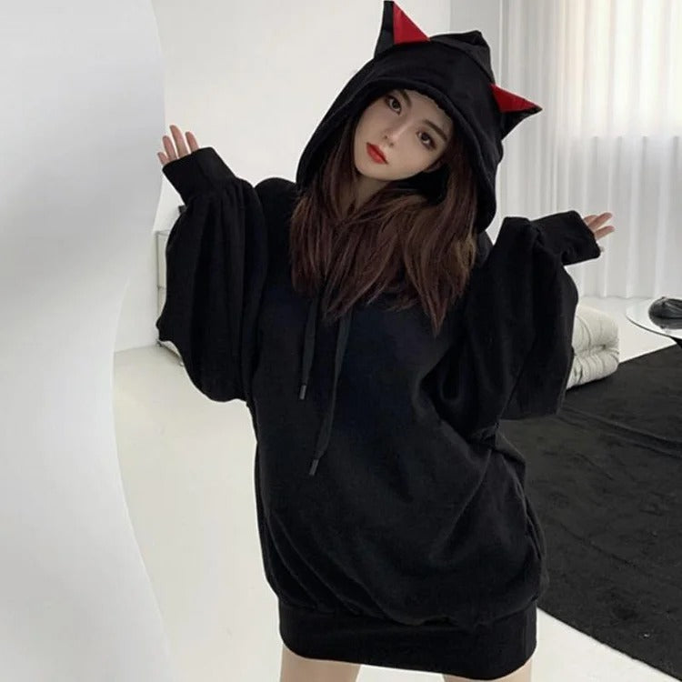 Black kawaii gothic cat ear hoodie sweatshirt; long sleeves, drawstring hood, polyester.