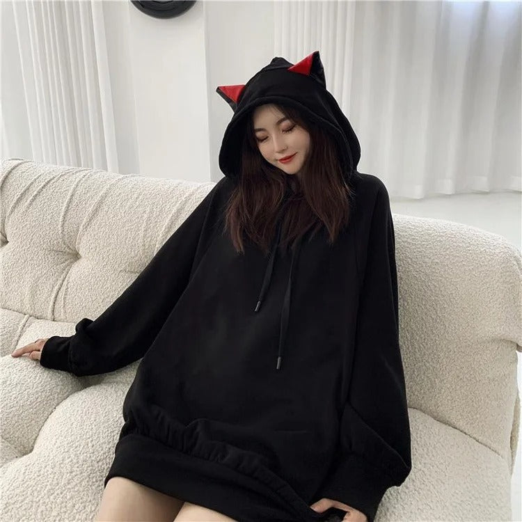 Black Kawaii Gothic cat ear hoodie sweatshirt; polyester, drawstring, long sleeves.