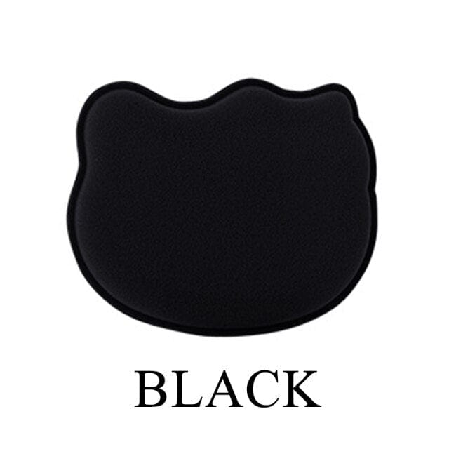 Black cat-shaped makeup blender sponge; soft, hydrophilic polyurethane; blends makeup flawlessly.
