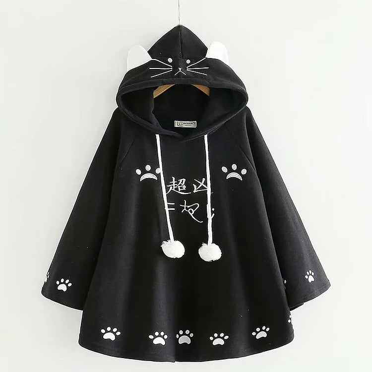 Black Harajuku cat paw hoodie; plush polyester, cat ears, paw prints, oversized fit.