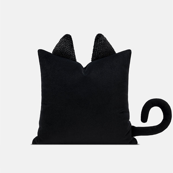 Black Berber fleece cat plush pillow, 17.7" square, features cat ears and tail.