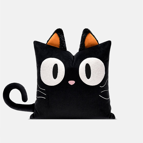 Adorable black Berber fleece cat plush pillow, 17.7 inches, features large eyes & cute design. Perfect for cat lovers!
