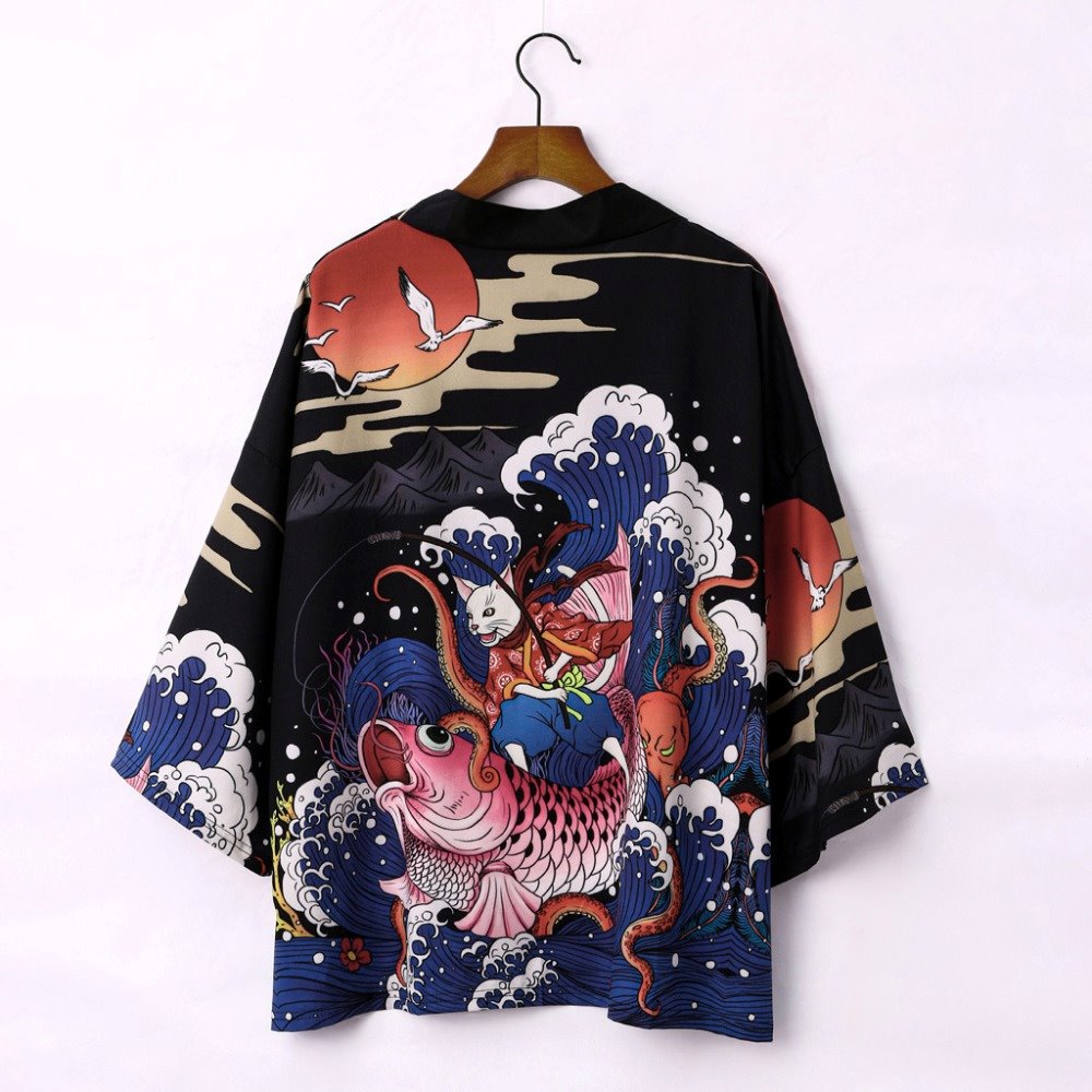 Black unisex kimono featuring a vibrant koi fish, cat, octopus, and Kanagawa waves design. Made of soft polyester. Sizes M-XXL.