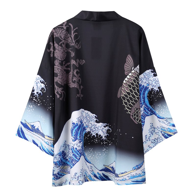 Black unisex kimono featuring a koi fish, dragon, and Kanagawa wave print. Made of soft polyester; available in sizes M-XXL.