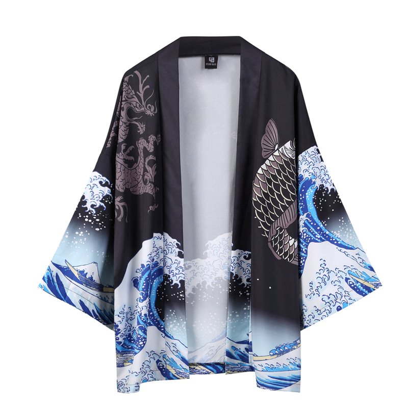 Black unisex kimono featuring a koi fish, dragon, and Kanagawa waves print. Made of soft polyester, available in sizes M-XXL.