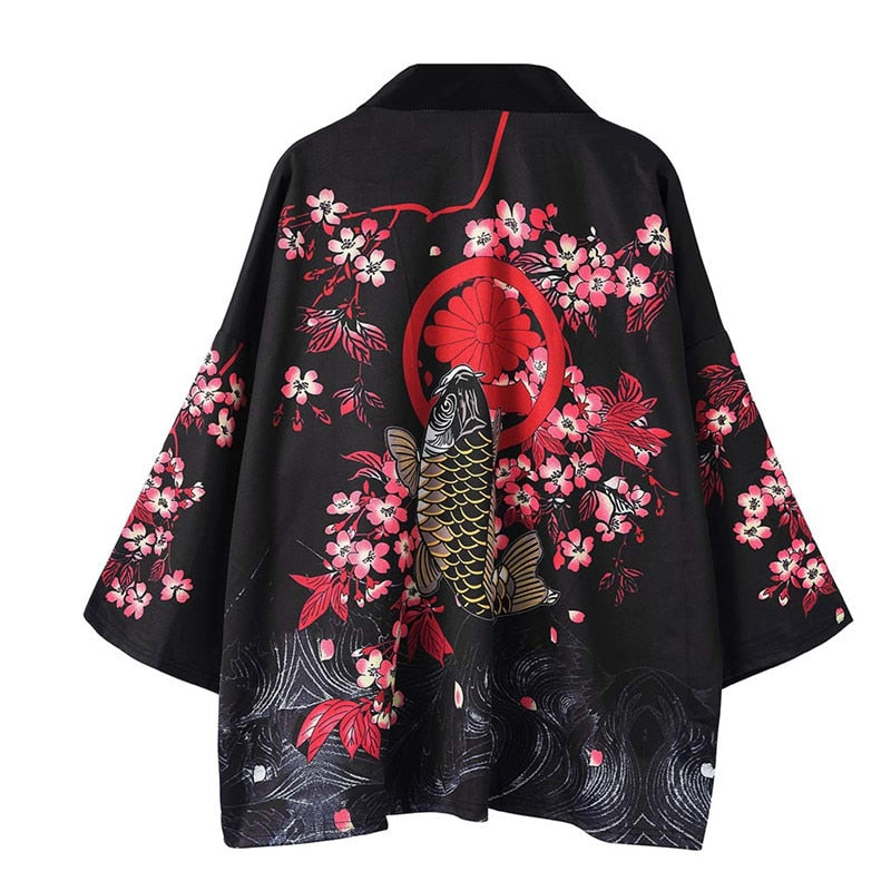 Black unisex kimono featuring a koi fish and cherry blossom print; made of soft polyester.  Available in sizes M-XXL.