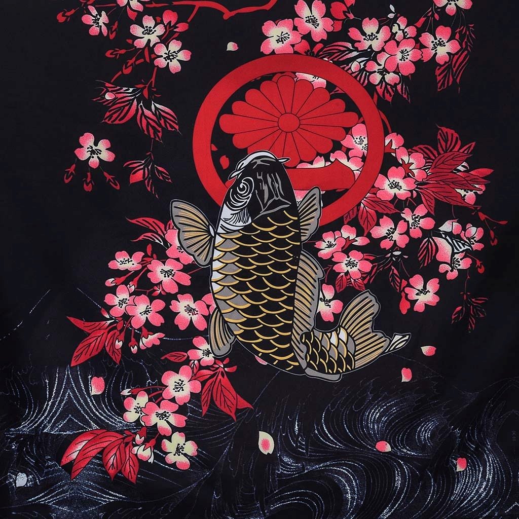 Black unisex kimono featuring a gold koi fish, cherry blossoms, and Kanagawa waves. Premium polyester, M-XXL.