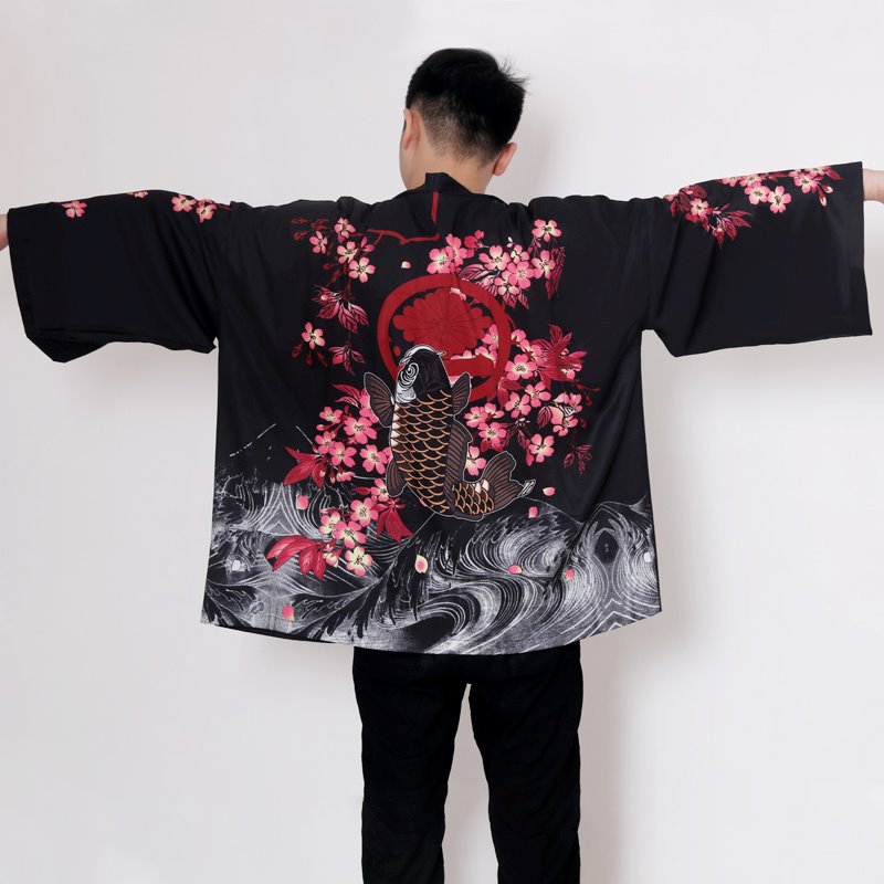 Black unisex kimono featuring a koi fish, cherry blossoms, and Kanagawa waves.  Premium polyester, lightweight and comfortable. Available in sizes M-XXL.