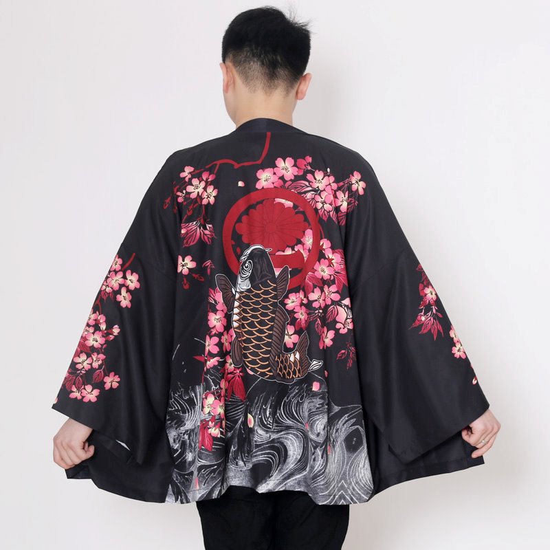 Black unisex kimono featuring a koi fish, cherry blossoms, and Kanagawa waves design. Made of premium polyester, available in sizes M-XXL.