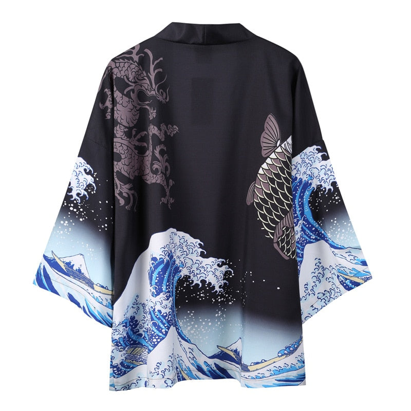 Black unisex kimono featuring Great Wave, Koi fish, and dragon design; soft polyester; sizes M-XXL.