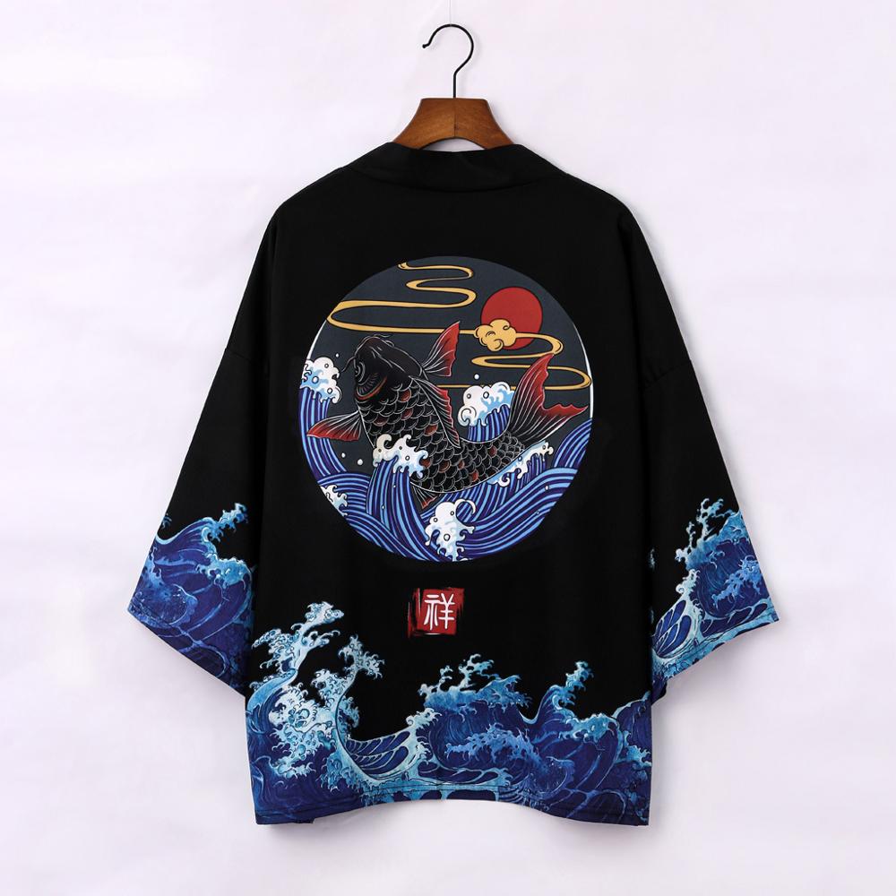 Black unisex kimono featuring a koi fish in Kanagawa waves design; premium polyester, sizes M-XXL.