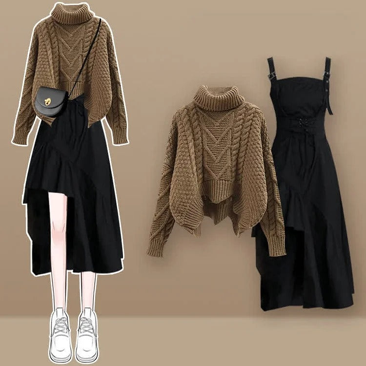 Chic black midi dress & brown cable knit turtleneck sweater set. Asymmetrical hemline, lace-up detail, oversized fit. Polyester.