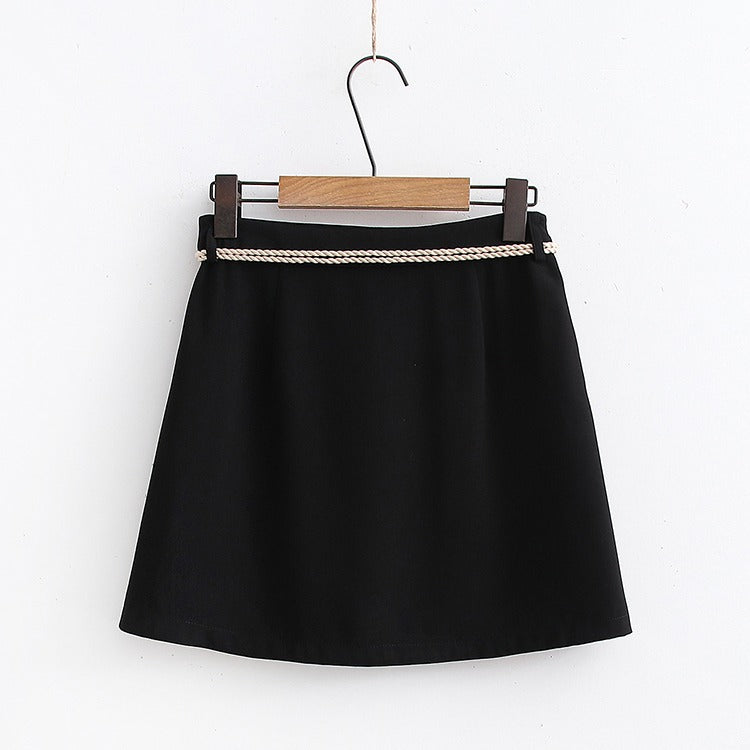 Black mini skirt with beige rope belt; part of a Harajuku lucky cat hoodie and skirt set.  Soft cotton blend.
