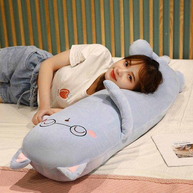Soft blue cat plush body pillow; perfect for cuddling & sleep. Features glasses design, premium PP cotton filling, and is hypoallergenic.