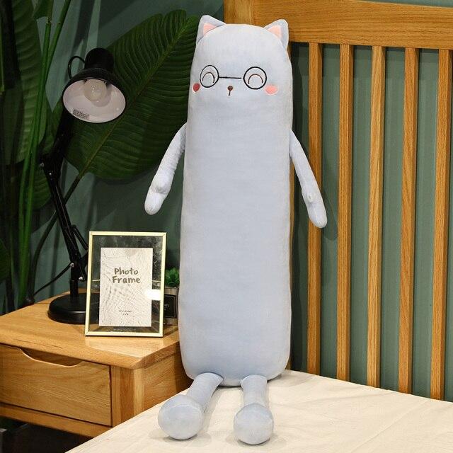 Soft light-blue cat plush body pillow; comfy PP cotton filling; cute glasses design; perfect for cuddling and sleep.