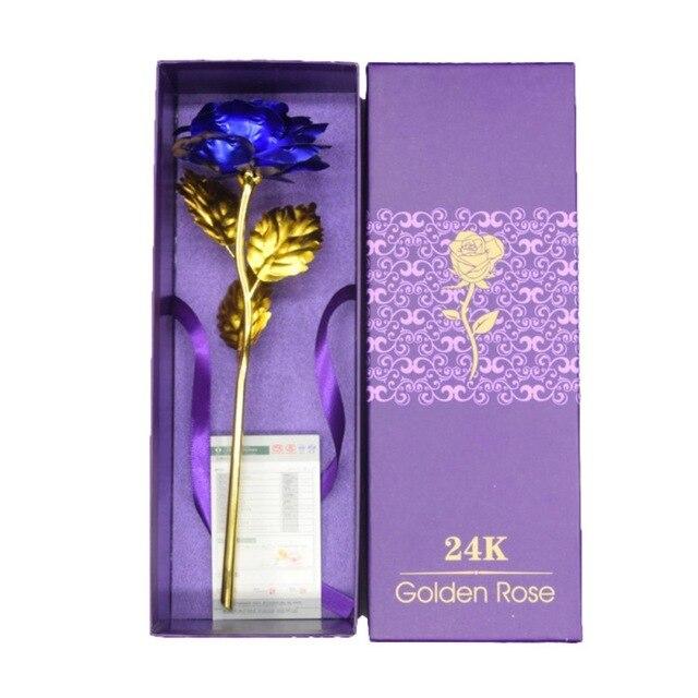 Blue galaxy rose, 24k gold-plated, in purple gift box.  Heart-shaped stand, engraved "Love You For Life".