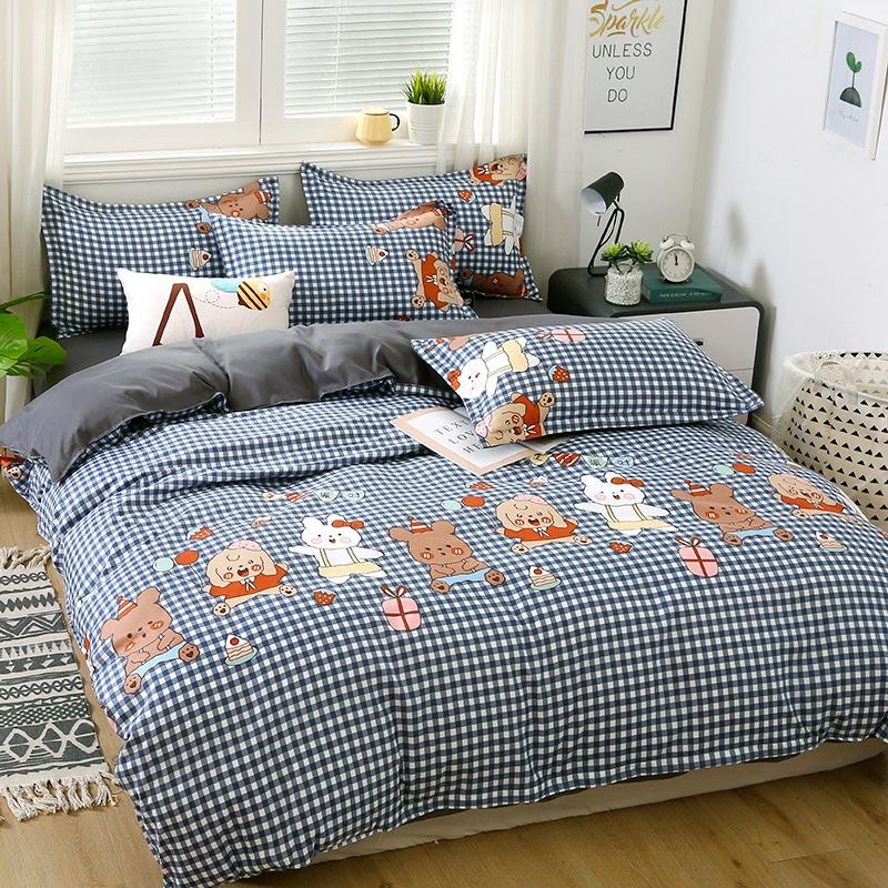 Blue gingham bear bedding set, featuring cute bear designs, soft polyester microfiber, reversible, includes duvet cover, flat sheet, and pillowcases.