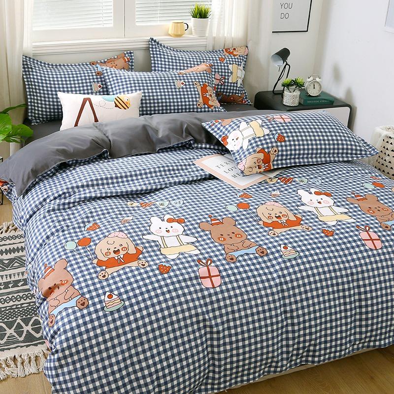 Blue gingham bedding set with cute bear designs, soft polyester microfiber, reversible, includes duvet cover, sheet & pillowcases.