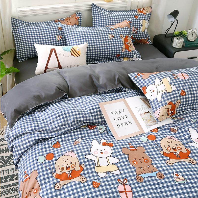 Blue gingham bedding set with cute bear designs, polyester microfiber, reversible, includes duvet cover, sheet & pillowcases.