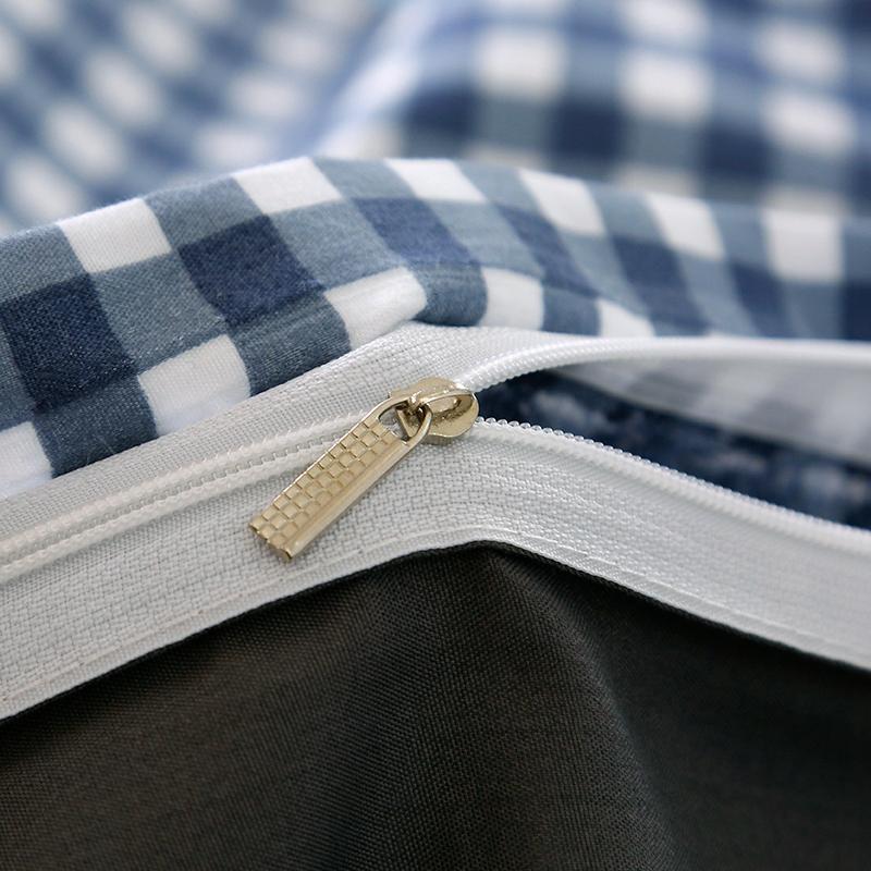 Blue gingham bear bedding set duvet cover zipper detail; soft microfiber, reversible design.