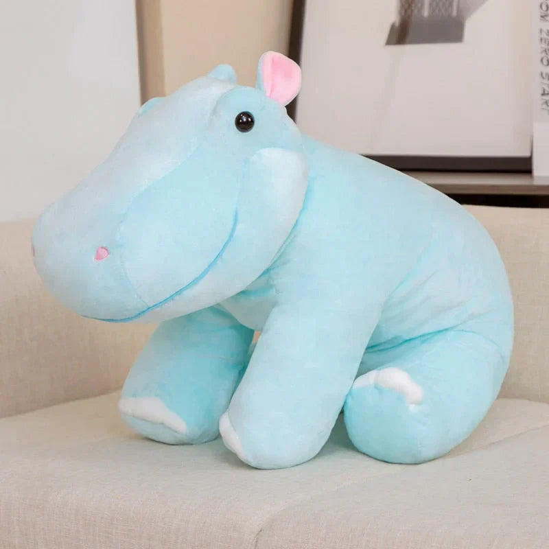 Soft light-blue hippo plush toy, filled with PP cotton, hypoallergenic, perfect for snuggling.