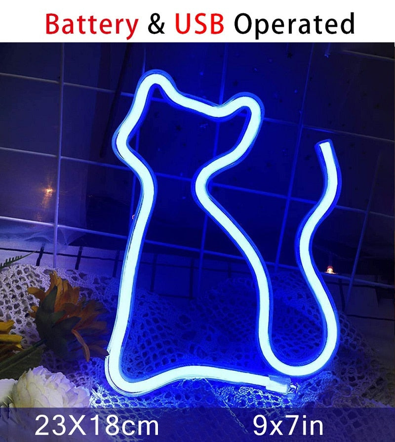 Blue LED neon cat light; acrylic, USB/battery powered; 23x18cm; wall-mountable or tabletop. Kawaii style.