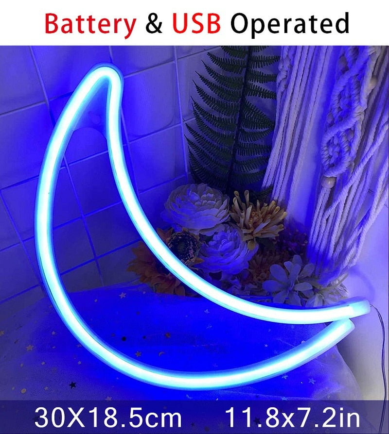 Blue neon crescent moon LED light; acrylic & USB powered; 30x18.5cm; wall-mountable or tabletop display; kawaii style.