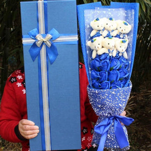 Blue rose teddy bear bouquet; unique gift for birthdays, anniversaries, or Valentine's Day.  Soft plush bears, artificial roses.