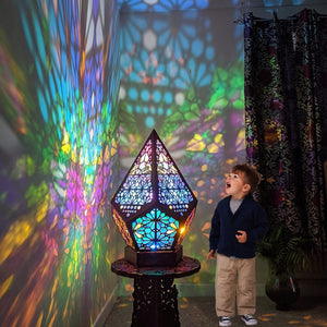 Color-changing bohemian projector lamp; creates vibrant patterns. Wood & plastic, USB powered. Perfect for parties, yoga, or relaxation.