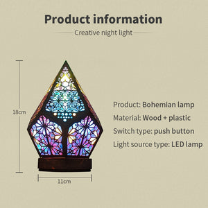 Bohemian color-changing projector lamp; geometric wood design, LED lights, USB powered, creates mesmerizing patterns.