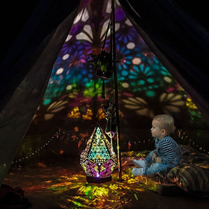 Color-changing bohemian projector lamp; creates vibrant patterns; wood & plastic; USB powered; perfect for gifts, parties, relaxation.