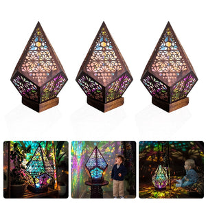 Color-changing bohemian pyramid lamp; wood & plastic; projects vibrant patterns; USB powered; perfect for gifts, yoga, parties.