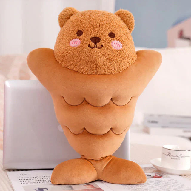 Cute brown bear taiyaki plush toy, soft PP cotton filling, allergy-free, three sizes available.