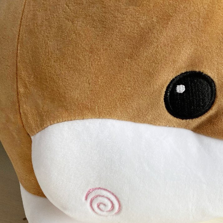 Large brown Chum Chum plush body pillow with white belly, hypoallergenic PP cotton filling, and zipper for cleaning.