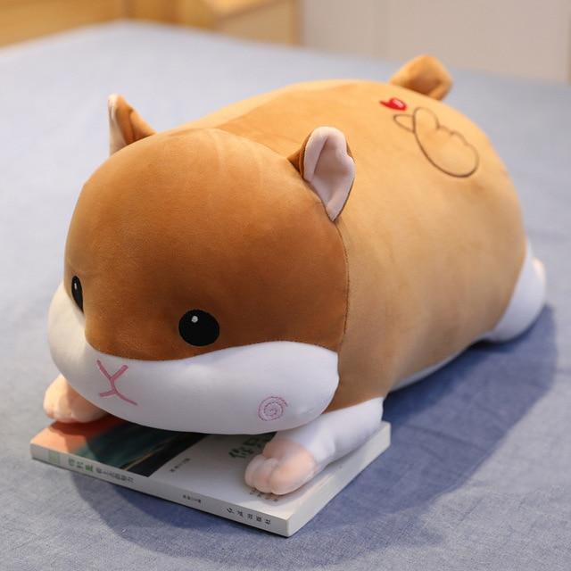 Brown hamster plush body pillow, hypoallergenic, filled with PP cotton, features zipper for cleaning.  Relaxing, allergy-free comfort.