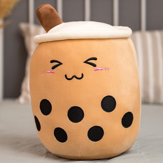 Cute brown bubble tea plush toy with black boba, soft PP cotton filling, and happy face.