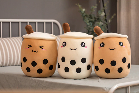 Adorable brown, beige, and white bubble tea plush toys; soft, cuddly, and hypoallergenic. Perfect gift!
